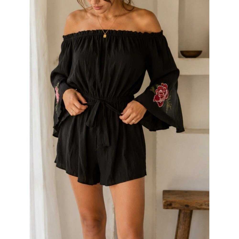 Romper L Black Bell Sleeve Embroidered Off Shoulder Floral Jumpsuit